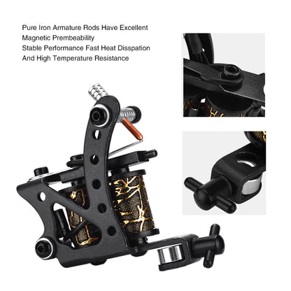 8-turn black coil tattoo machine set - professional practice cutting and fogging machine for beginners (including high steel spring, pure iron armature rod, high-quality copper rod)
